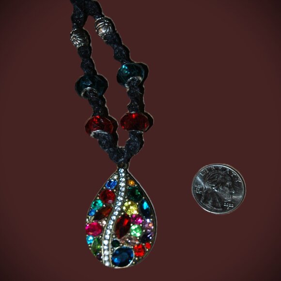 Rhinestone Multi-color Tear Drop on Black 16 3/4" Hemp Necklace - Picture 3 of 4